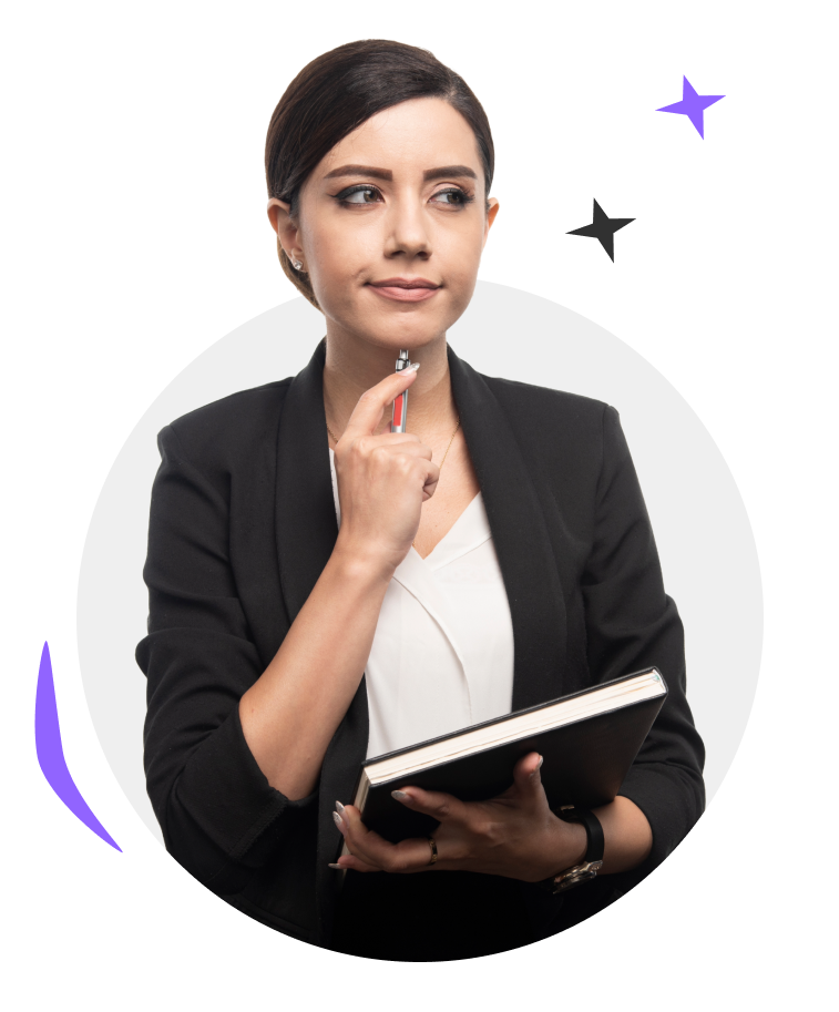 Professional woman holding a notebook, representing legal consultation services